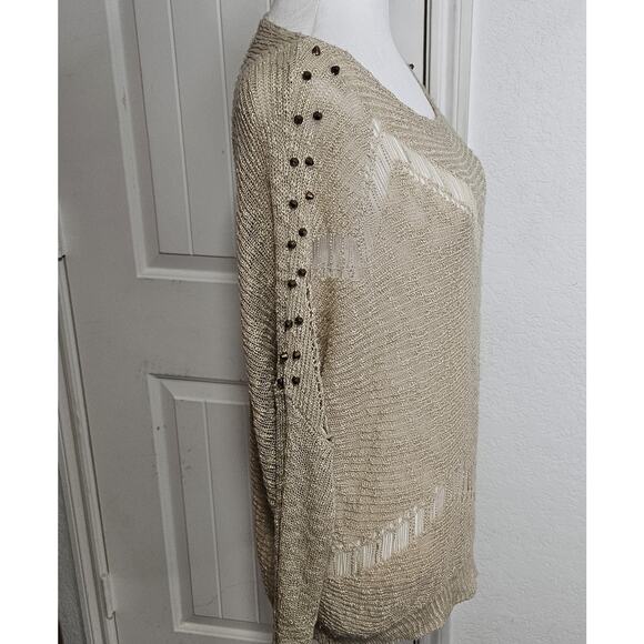 Beige Distressed Knit Sweater With Gold Studs On Long Sleeves - Picture 2 of 12